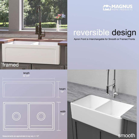 33" Umber Handcrafted Fireclay Double-Bowl Smooth Apron Farmhouse Sink - White