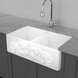 33" Una Handcrafted Fireclay Double-Bowl Foliage Apron Farmhouse B-Grade Sink - White