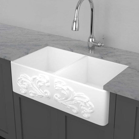 33" Una Handcrafted Fireclay Double-Bowl Foliage Apron Farmhouse B-Grade Sink - White