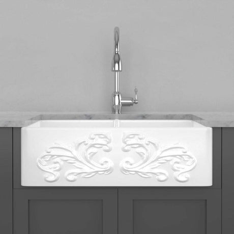 33" Una Handcrafted Fireclay Double-Bowl Foliage Apron Farmhouse B-Grade Sink - White