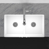 33" Una Handcrafted Fireclay Double-Bowl Foliage Apron Farmhouse B-Grade Sink - White