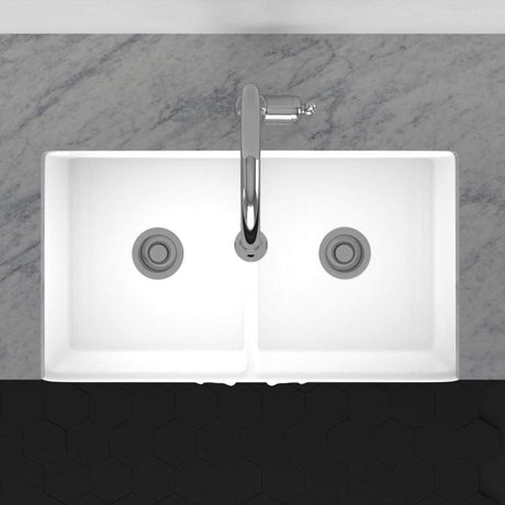 33" Una Handcrafted Fireclay Double-Bowl Foliage Apron Farmhouse B-Grade Sink - White