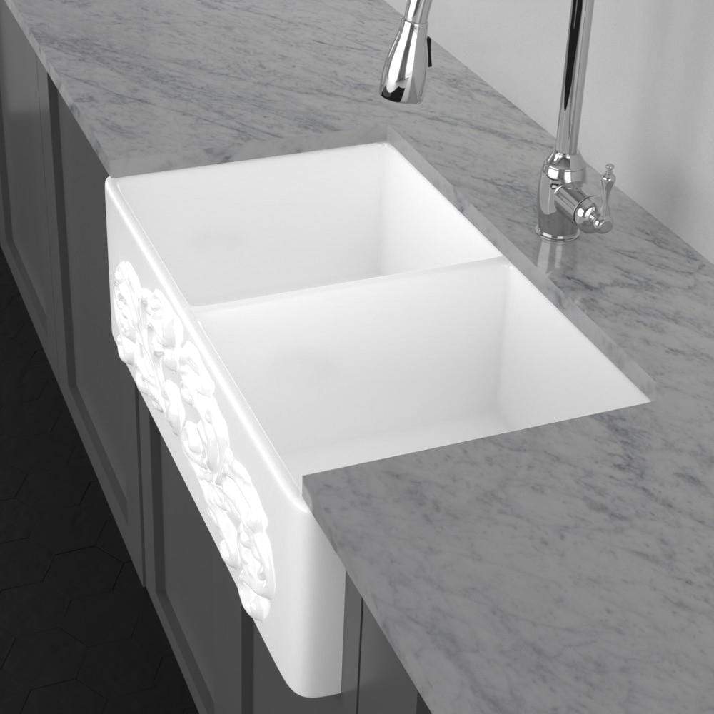 33" Una Handcrafted Fireclay Double-Bowl Foliage Apron Farmhouse B-Grade Sink - White