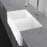 33" Una Handcrafted Fireclay Double-Bowl Foliage Apron Farmhouse B-Grade Sink - White