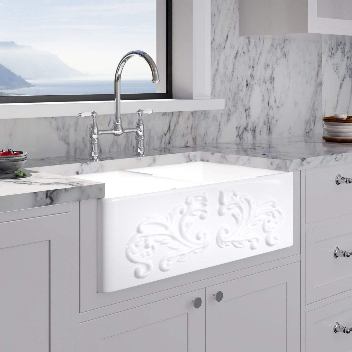 33" Una Handcrafted Fireclay Double-Bowl Foliage Apron Farmhouse B-Grade Sink - White