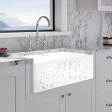 33" Una Handcrafted Fireclay Double-Bowl Foliage Apron Farmhouse B-Grade Sink - White