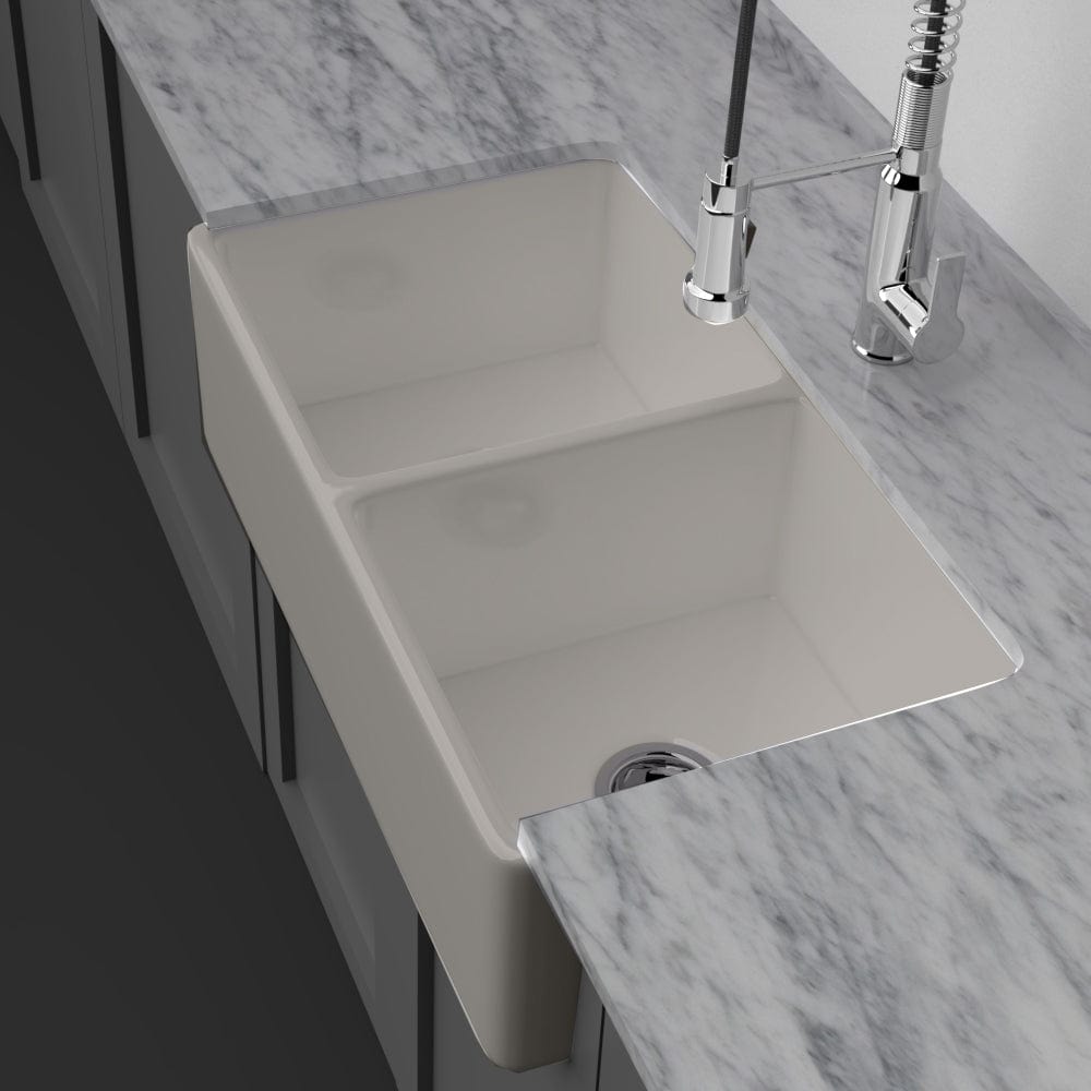 33" Vala Handcrafted Fireclay Double-Bowl Smooth Apron Farmhouse Sink - Matte Gray