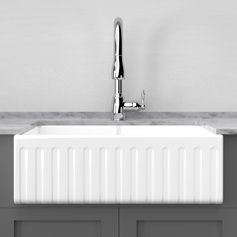33" Veli Handcrafted Fireclay Double-Bowl Fluted Apron Farmhouse B-Grade Sink - White