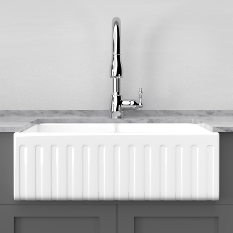 33" Veli Handcrafted Fireclay Double-Bowl Fluted Apron Farmhouse B-Grade Sink - White