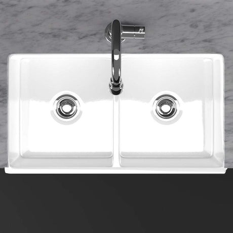 33" Veli Handcrafted Fireclay Double-Bowl Fluted Apron Farmhouse B-Grade Sink - White