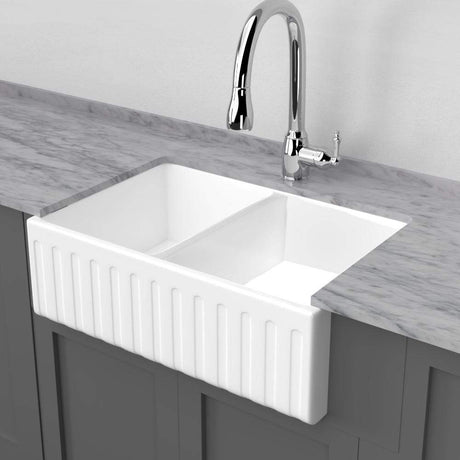 33" Veli Handcrafted Fireclay Double-Bowl Fluted Apron Farmhouse B-Grade Sink - White