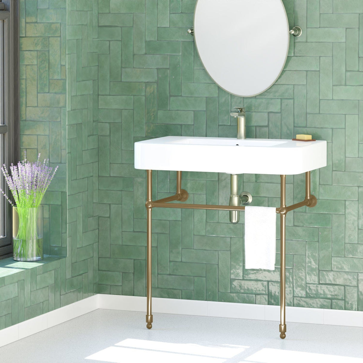 34" Vancher Fireclay Console Bathroom Sink with Steel Stand