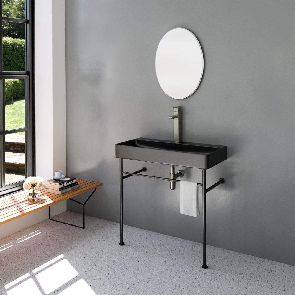 36" Valmora Black Vitreous China Console Bathroom Sink with Black Powdercoat Steel Stand