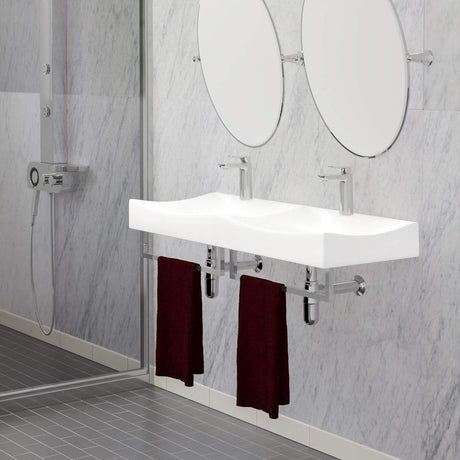 43" Livingston Wall-Mount Vitreous China Double-Bowl Sink with Steel Towel Bars