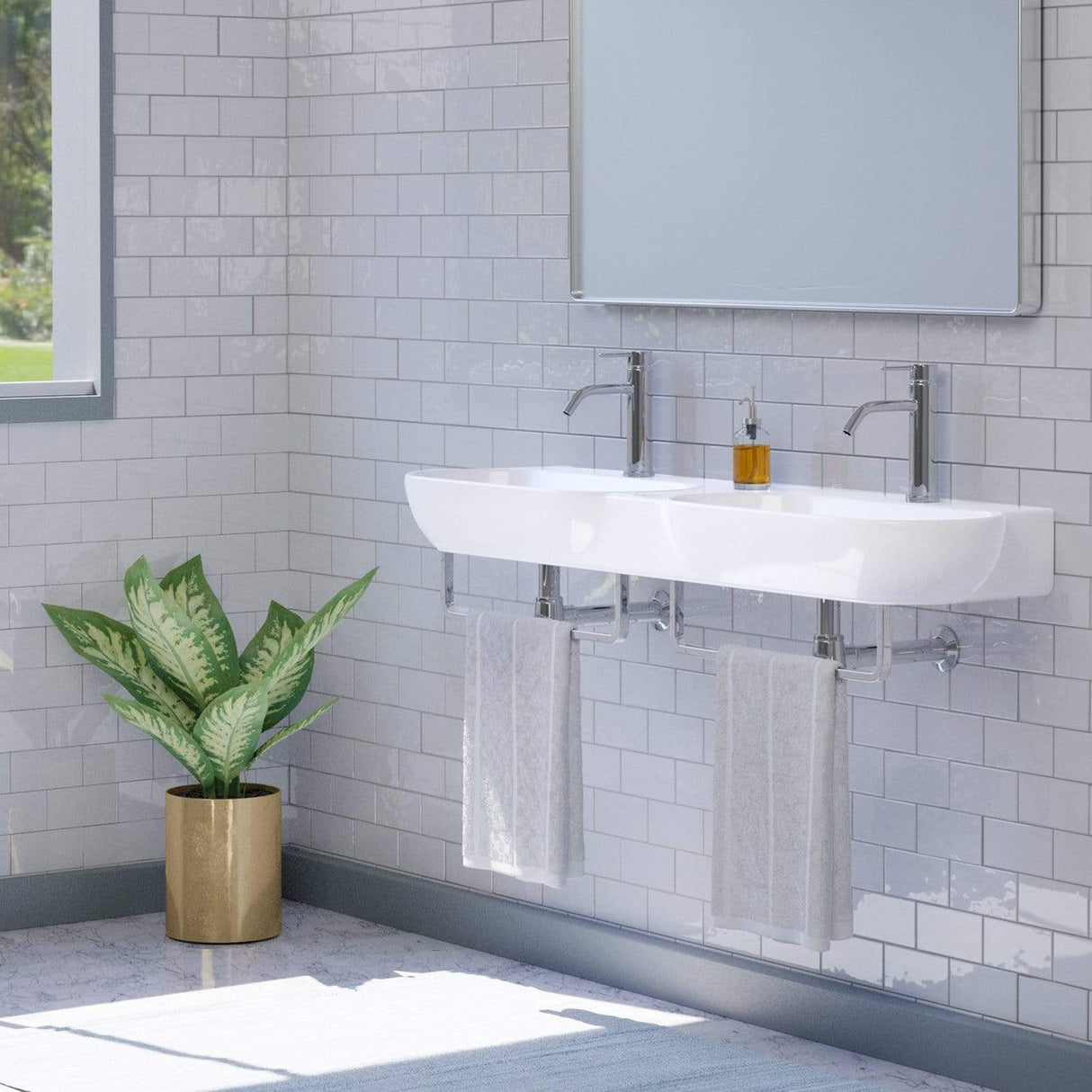 47" Kincaid Wall-Mount Vitreous China Double-Bowl Sink with Steel Towel Bars