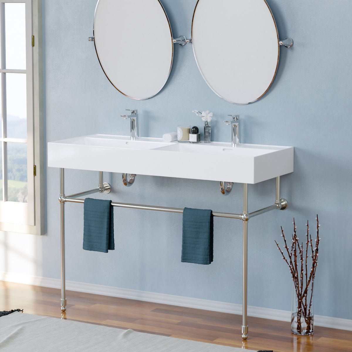 48" Wanchen Fireclay Double-Bowl Console Bathroom Sink with Steel Stand