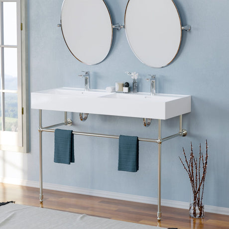 48" Wanchen Fireclay Double-Bowl Console Bathroom Sink with Steel Stand