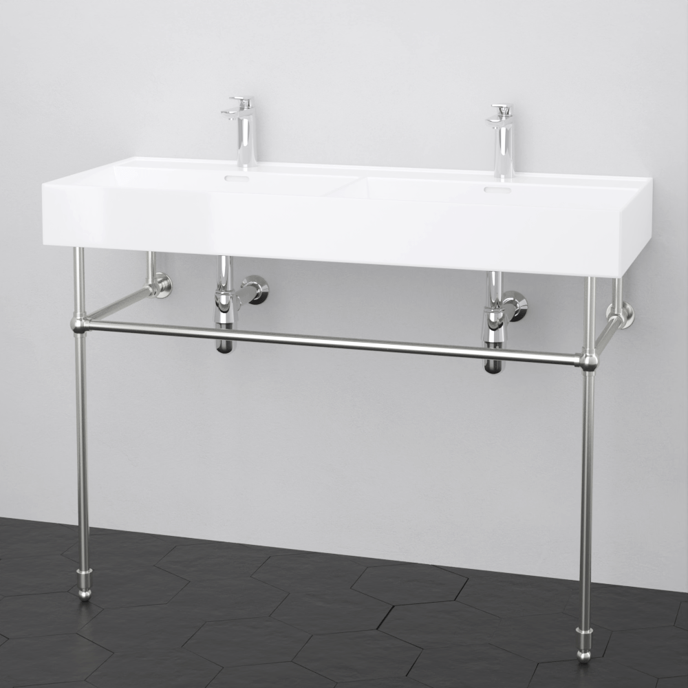 48" Wanchen Fireclay Double-Bowl Console Bathroom Sink with Steel Stand
