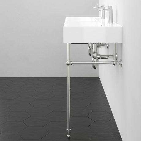 48" Wanchen Fireclay Double-Bowl Console Bathroom Sink with Steel Stand