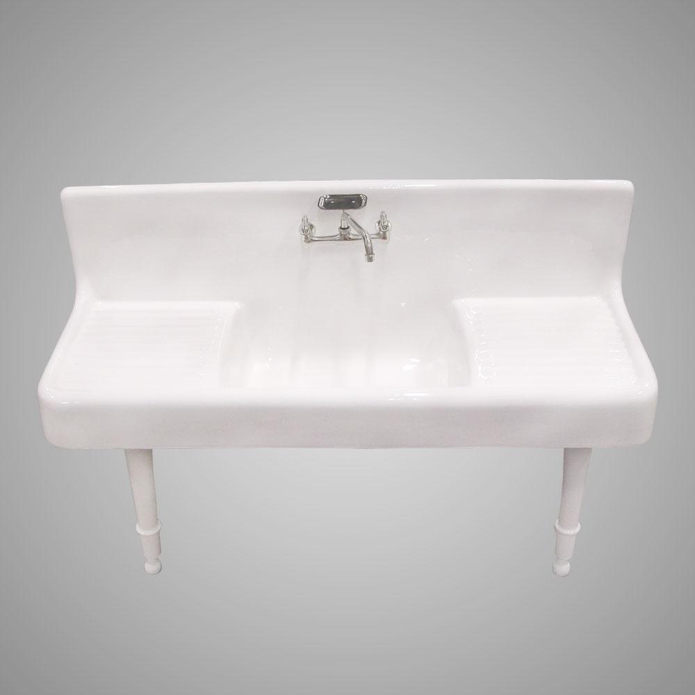 60" Sultan Cast Iron Wall-Hung Kitchen Sink with Dual Drainboards and Legs