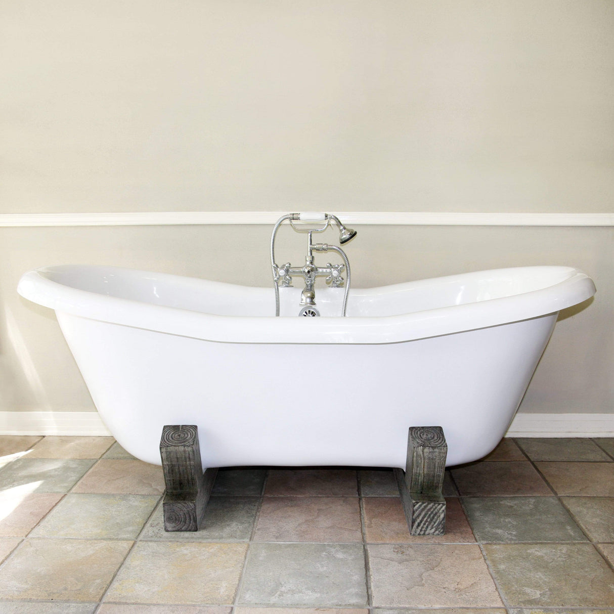 68" Farmstead Acrylic Double-Slipper Clawfoot Tub - Gray Wood Base