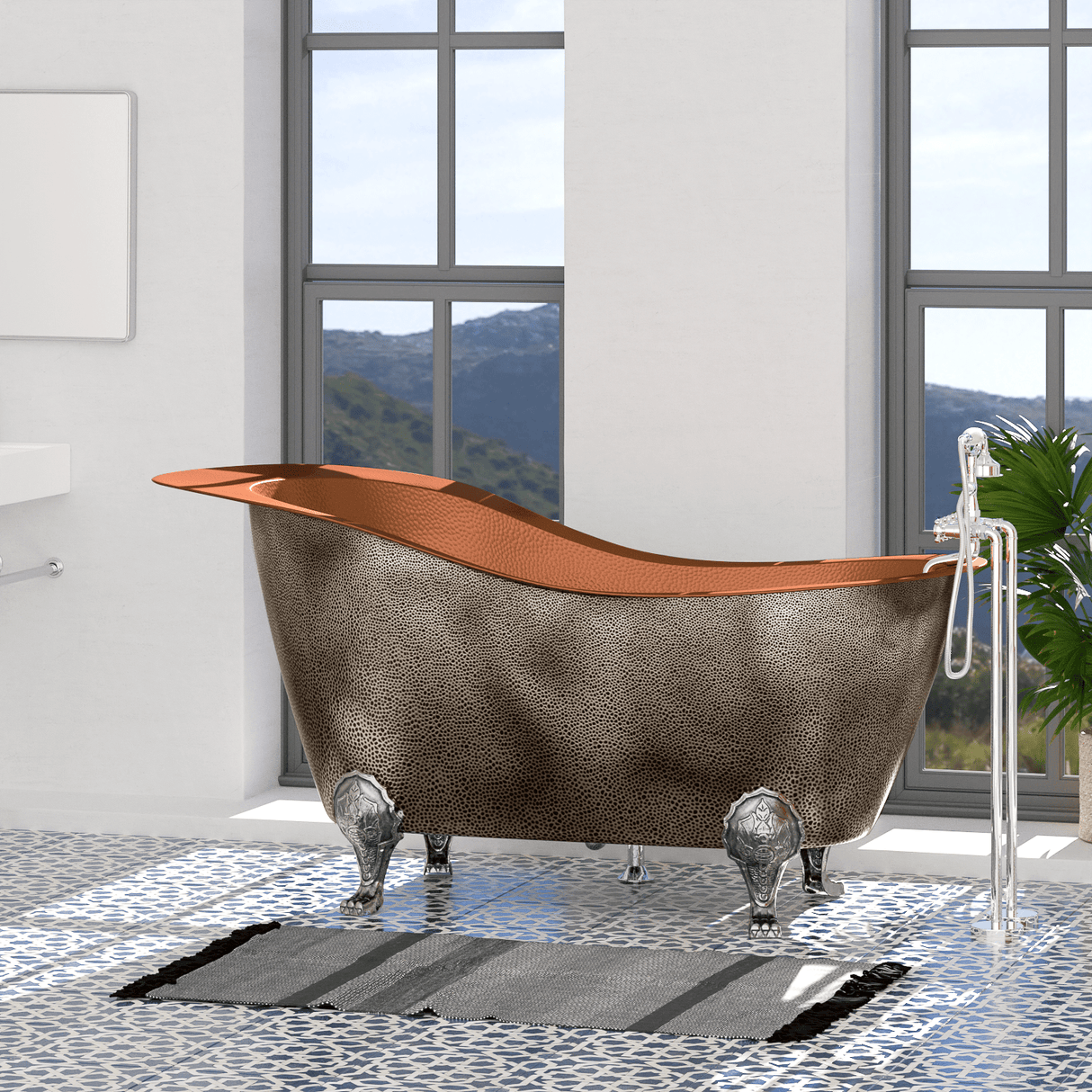 73" Walden Hammered Antique Copper Slipper Clawfoot Tub - Polished Interior