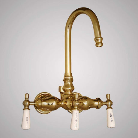 Gooseneck Leg Tub Wall-Mount Diverter Faucet with Porcelain Handles