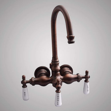 Gooseneck Leg Tub Wall-Mount Diverter Faucet with Porcelain Handles