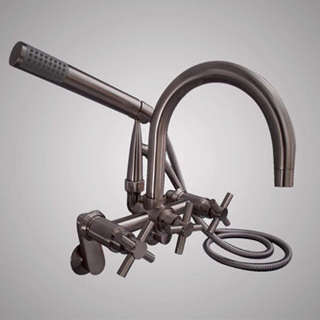 Gooseneck Wall-Mount Tub Faucet with Modern Hand Shower and Modern Cross Handles