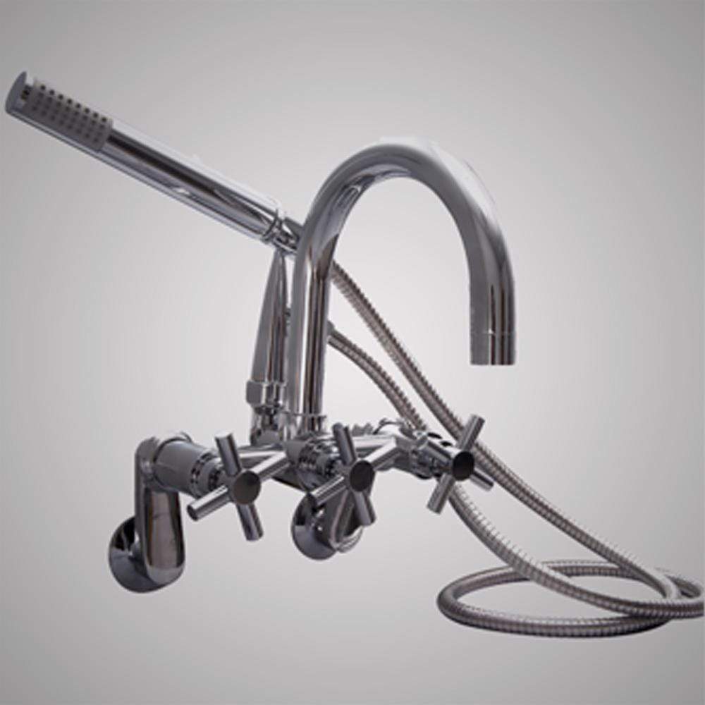 Gooseneck Wall-Mount Tub Faucet with Modern Hand Shower and Modern Cross Handles