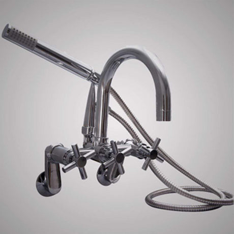 Gooseneck Wall-Mount Tub Faucet with Modern Hand Shower and Modern Cross Handles