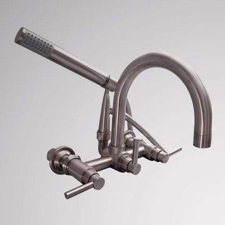 Gooseneck Wall-Mount Tub Faucet with Modern Hand Shower and Modern Lever Handles
