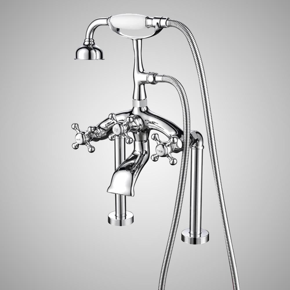 Traditional Deck-Mount Tub Faucet with Metal Hand Shower - Angular Body and Vintage Couplers