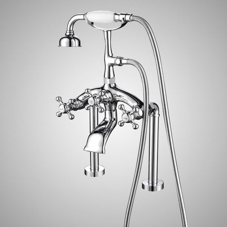 Traditional Deck-Mount Tub Faucet with Metal Hand Shower - Angular Body and Vintage Couplers