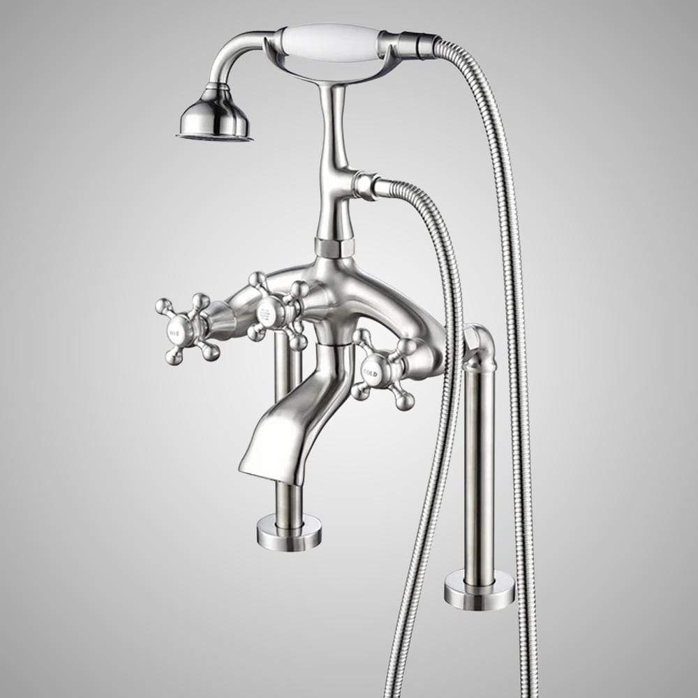Traditional Deck-Mount Tub Faucet with Metal Hand Shower - Angular Body and Vintage Couplers