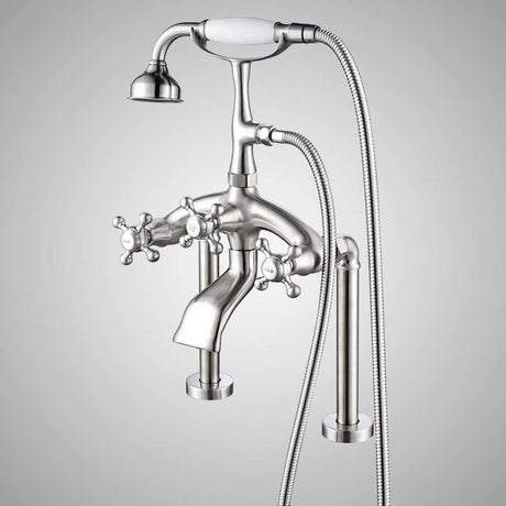 Traditional Deck-Mount Tub Faucet with Metal Hand Shower - Angular Body and Vintage Couplers