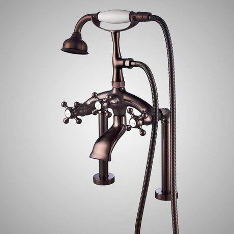Traditional Deck-Mount Tub Faucet with Metal Hand Shower - Angular Body and Vintage Couplers