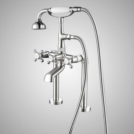 Traditional Deck-Mount Tub Faucet with Metal Hand Shower - Flat Body and Modern Couplers