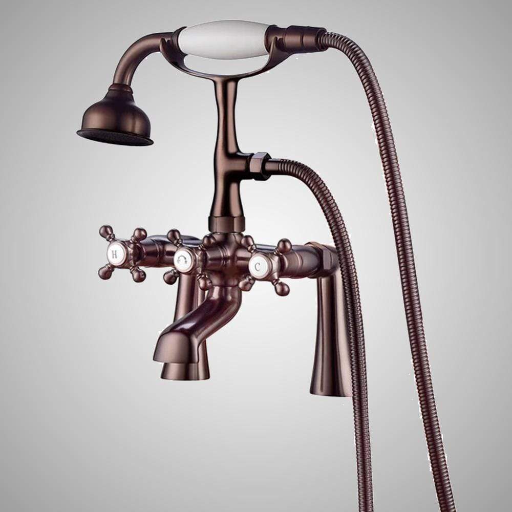 Traditional Deck-Mount Tub Faucet with Metal Hand Shower - Flat Body and Vintage Couplers
